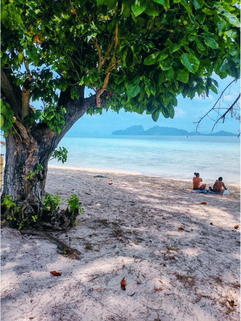 People sitting on the sandy beach next to the tree on Ko Kradan island, turquoise water and islands in the distance