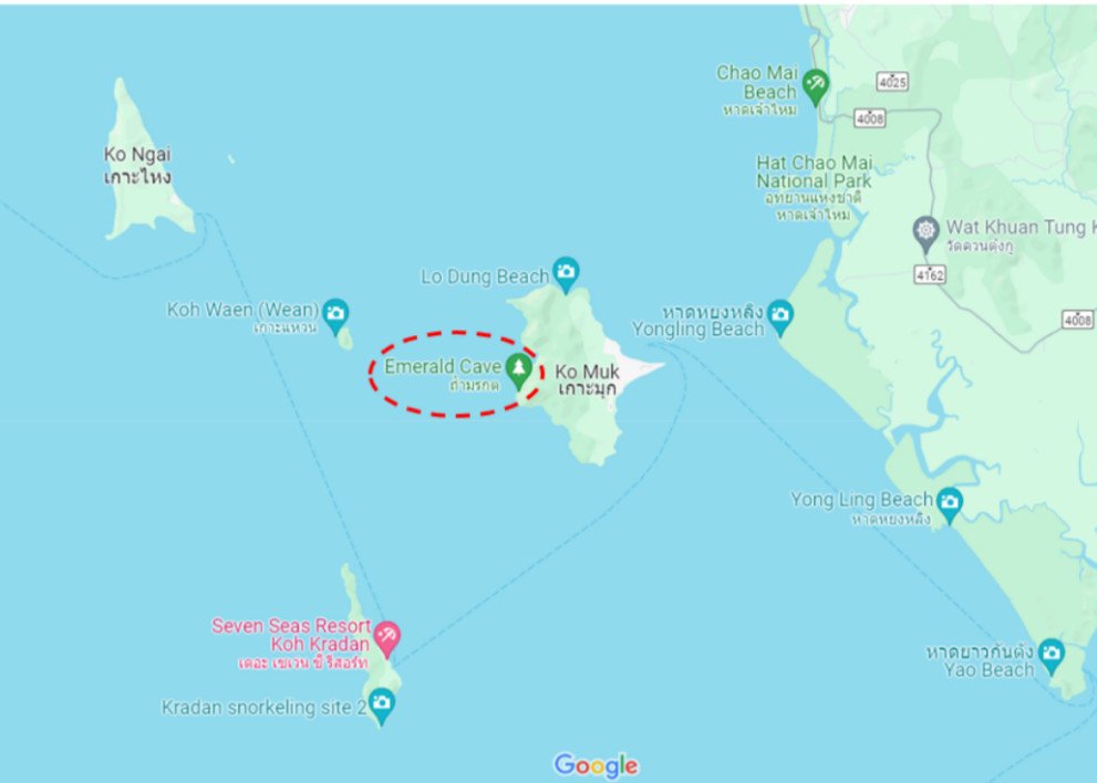 A screenshot of Google Maps showing Koh Mook, Koh Ngai an Koh Kradan islands, as well as the west coast o Thailand. Red circle is showing where Emerald Cave on Koh Mook is located,