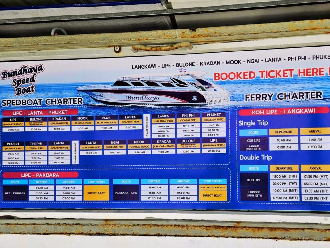 Ferry schedule board showing speedboat routes between islands such as Koh Lipe, Koh Lanta, Koh Ngai, and Phuket in Southern Thailand.