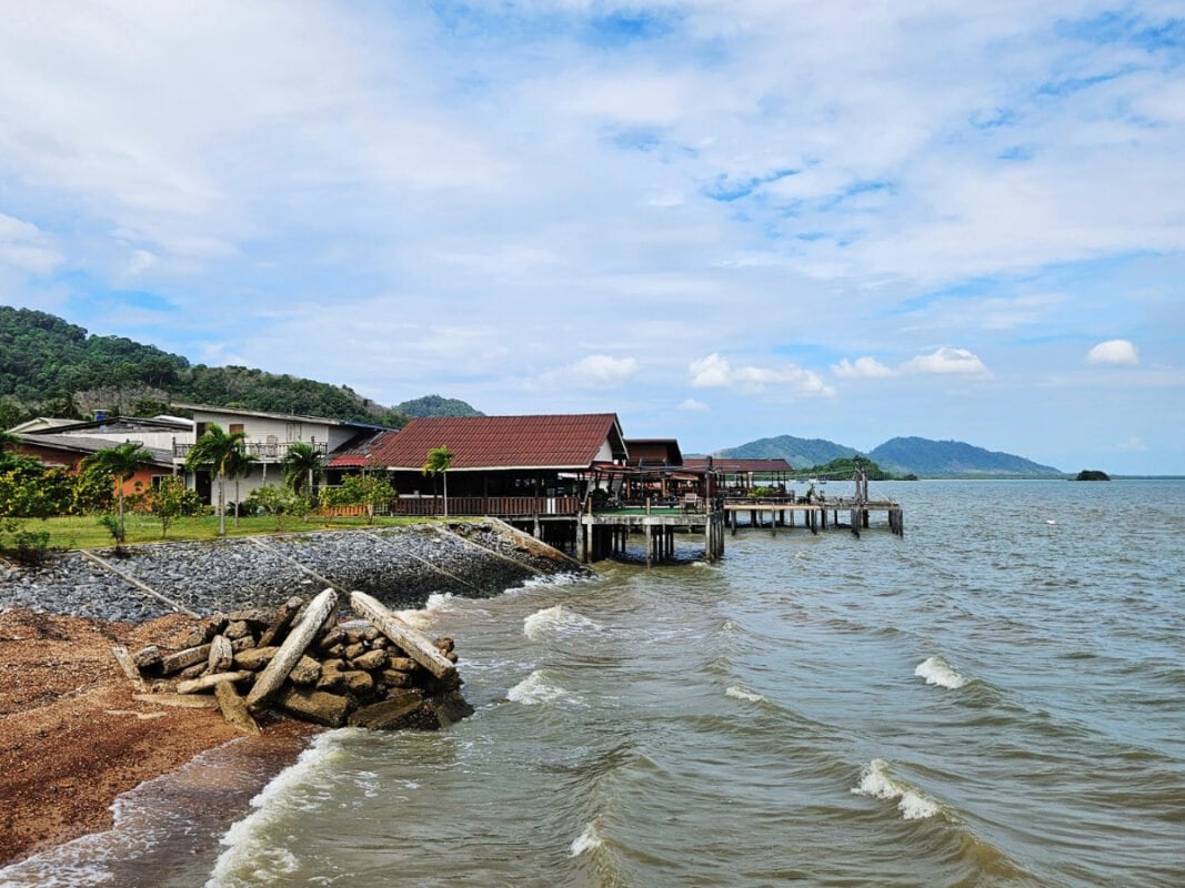 Old wooden buildings near the sea at Koh Lanta Old Town