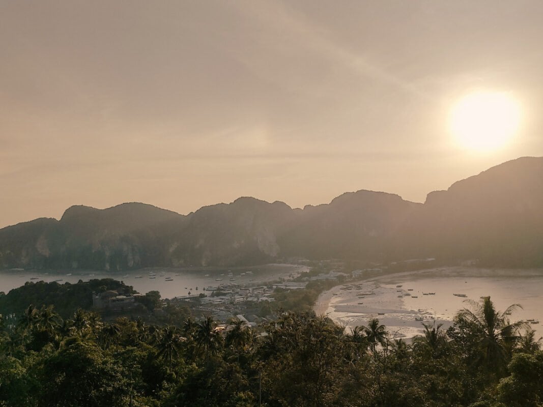 Koh Phi Phi viewpoint, Tonsai bay, buildings and mountains in the distance