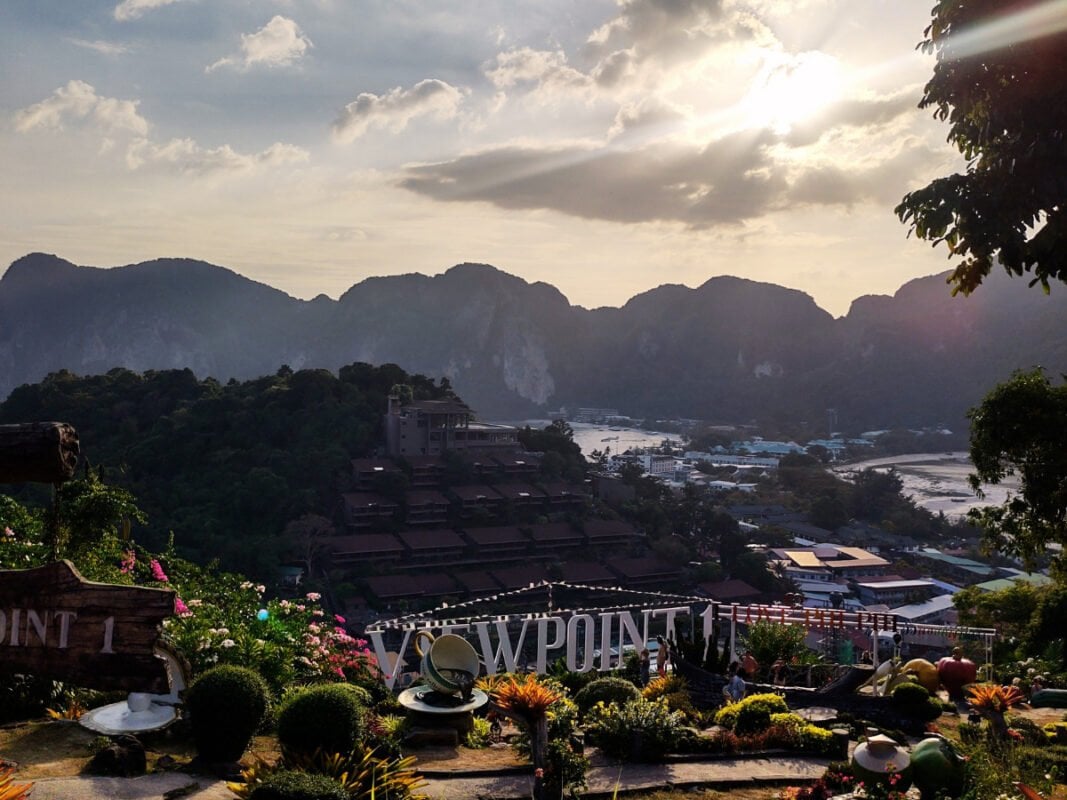 Koh Phi Phi viewpoint, buildings and mountains in the distance