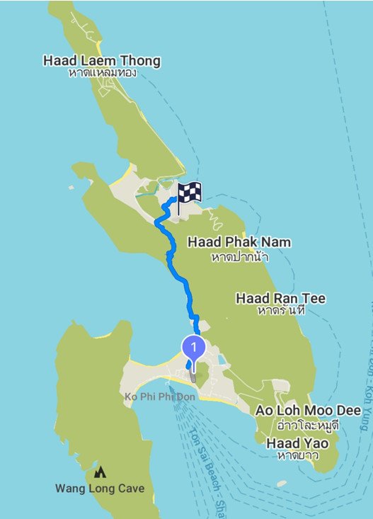 Map of the trail from Tonsai Village via shoreline and jungle to Loh Ba Kao Bay on Koh Phi Phi