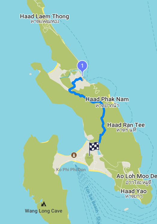 Map of the trail from Tonsai Village via viewpoints and jungle to Loh Ba Kao Bay on Koh Phi Phi