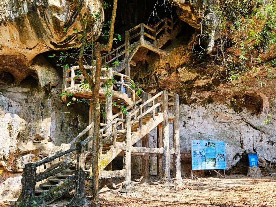 Entrance and stairs to Khao Khanab Nam Cave, Krabi, Thailand