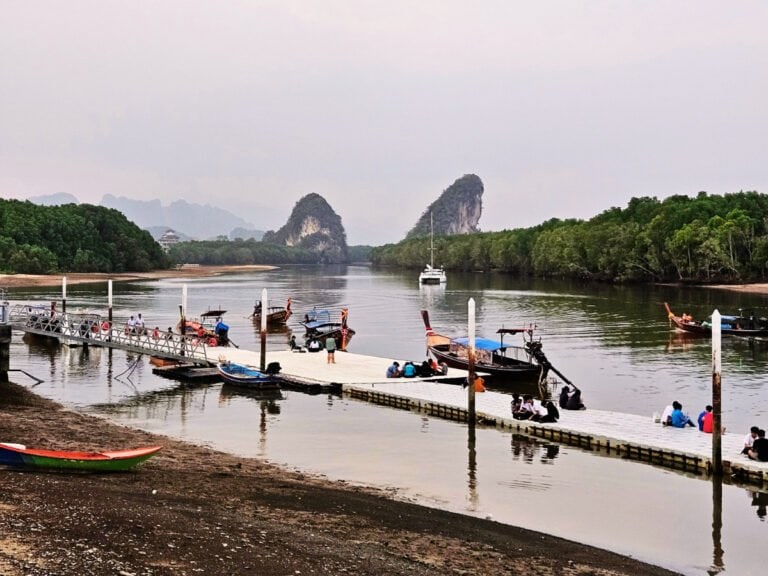 Krabi river boats and limestone cliffs