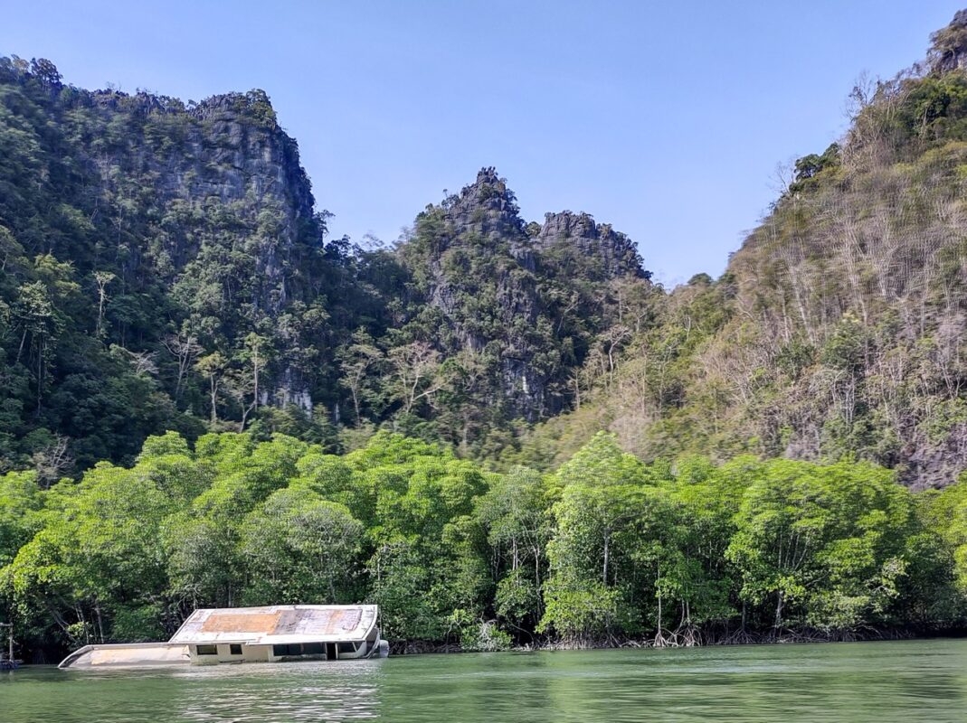 A partially submerged white building at the edge of a dense mangrove forest beneath rocky cliffs.