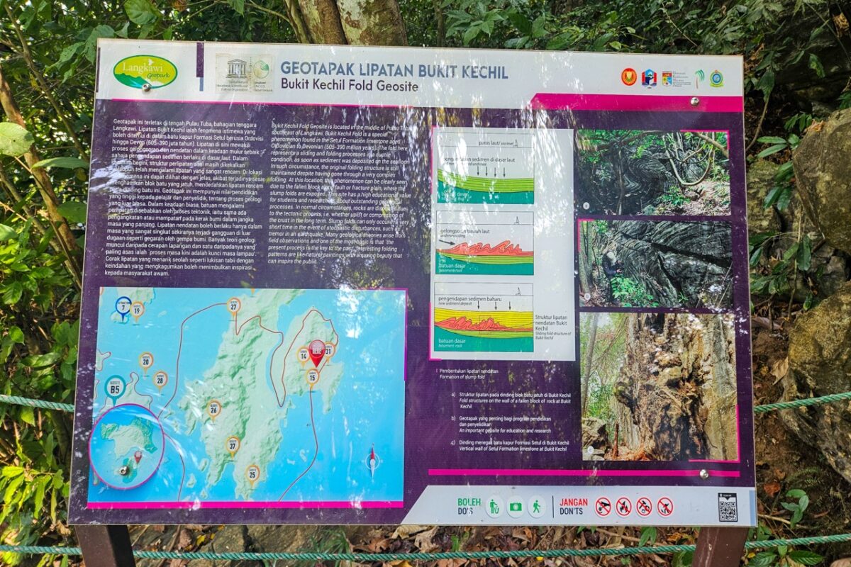 Information board for Bukit Kecil Fold Geosite on Pulau Tuba island