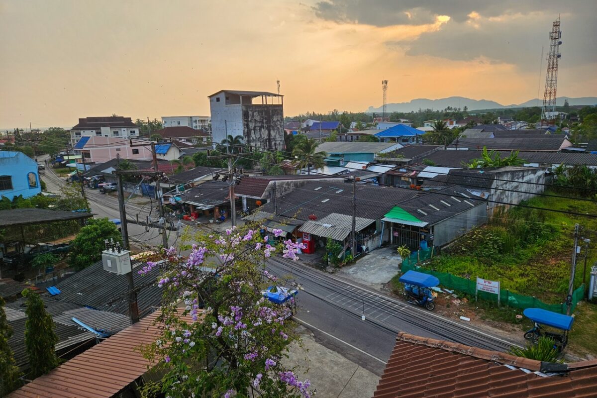 View over Krabi Town streets and houses at sunset in southern Thailand