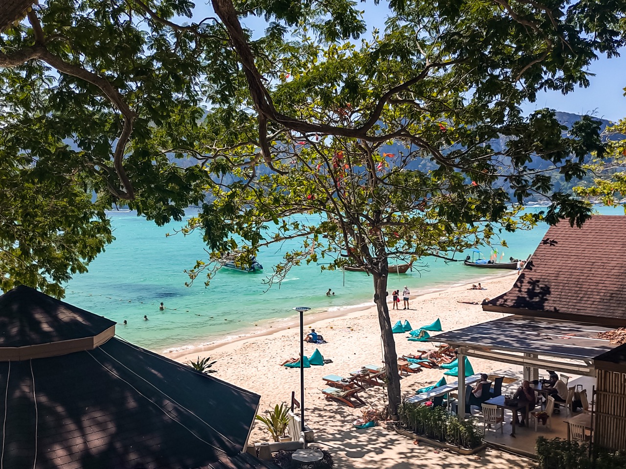 Laem Hin Beach Koh Phi Phi restaurant view shaded beach seating turquoise water