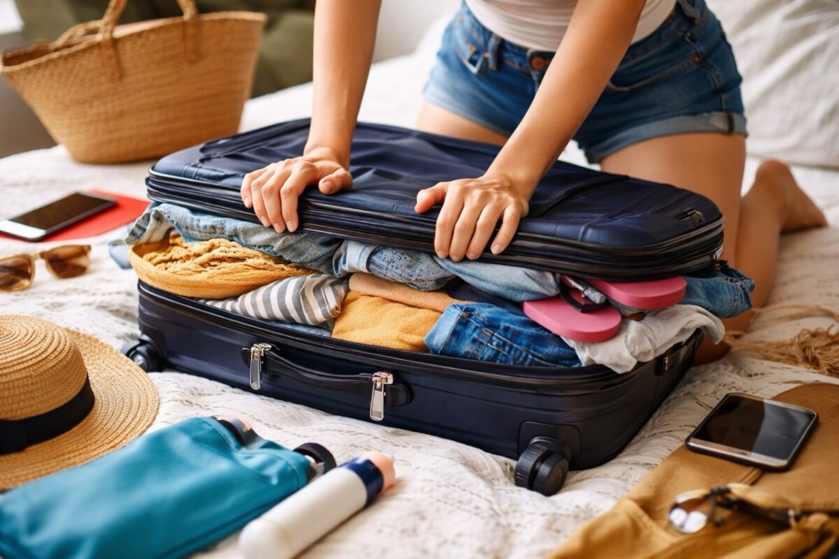 overpacked suitcase struggling to close clothes too much packing Thailand