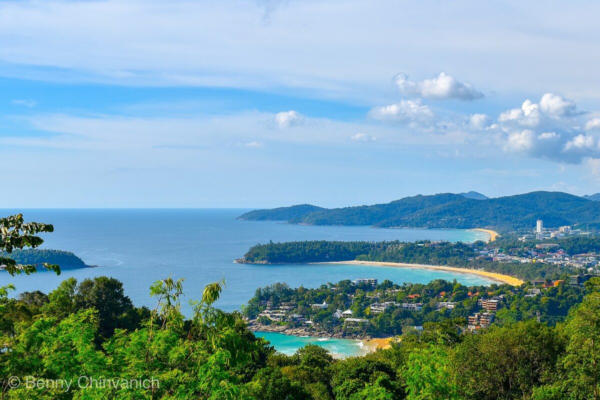 Phuket coastline aerial view with beaches and tropical landscape in Thailand