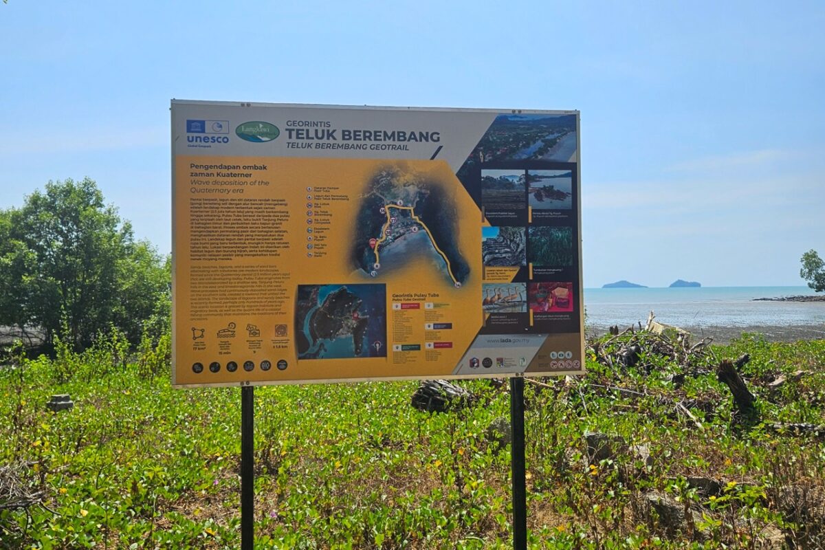 Teluk Berembang Geotrail information board on Pulau Tuba.