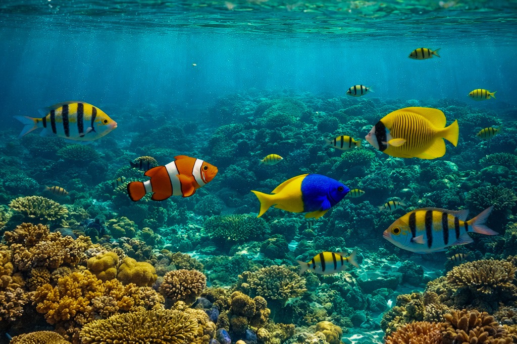 Tropical fish and coral reef while snorkeling in Koh Lipe Thailand