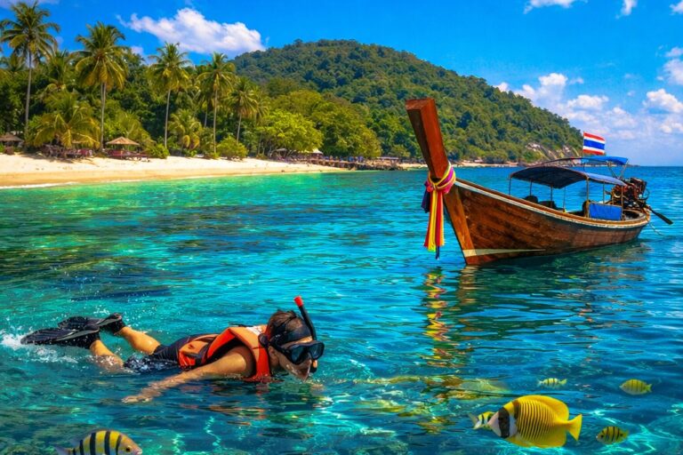Snorkeling in Koh Lipe Thailand with longtail boat and clear turquoise water