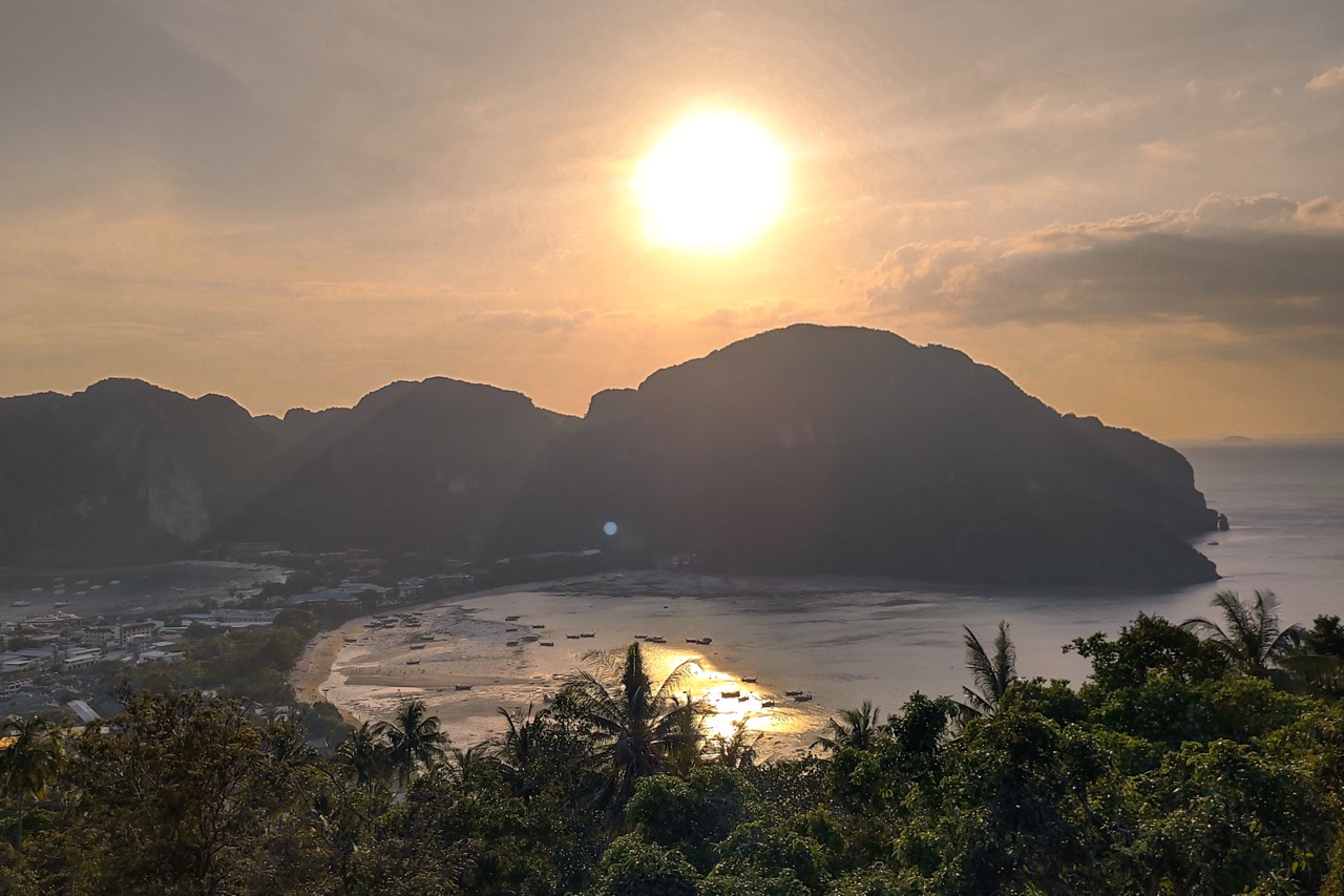 Koh Phi Phi viewpoint at sunset overlooking Tonsai Bay and surrounding limestone cliffs
