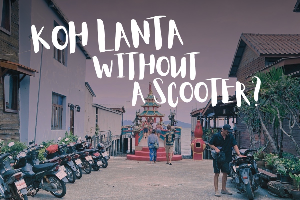 Koh Lanta without a scooter, parked scooters by the chines shrine at koh Lanta Old town