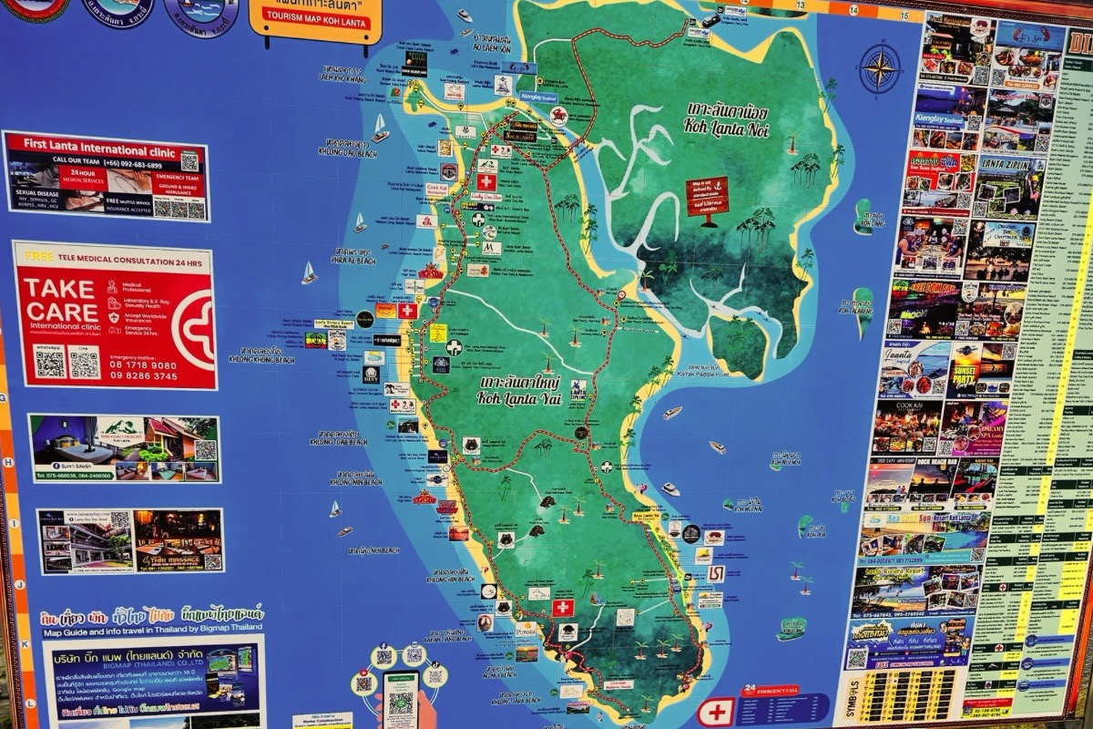 Koh lanta touristic map showing main roads beaches and attractions