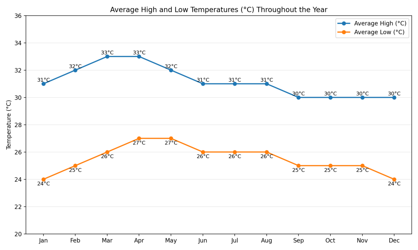Graph showing the average temperatures on Koh Phi Phi throughout the year for every month